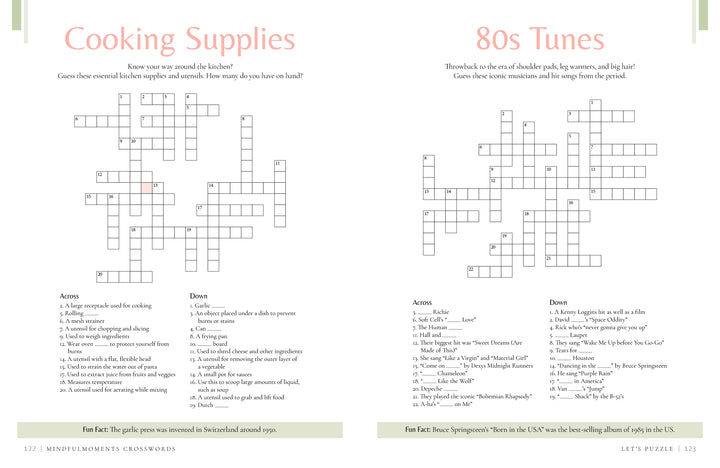 MindfulMoments Crosswords by Schiffer Publishing, Ltd. features puzzles like “Cooking Supplies” and “80s Tunes”—each with grids, clues, and fun facts—making them perfect for relaxing self-care.