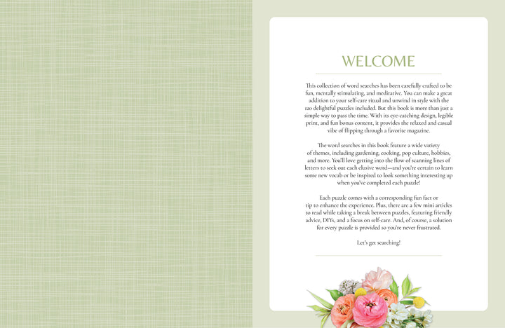 The left page has a light green texture, while the right welcomes you in elegant font, with a floral illustration and inviting text describing MindfulMoments Word Search by Schiffer Publishing, Ltd. as a relaxing, mindful escape with friendly puzzles.
