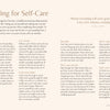 A page titled "Puzzling for Self-Care" in Schiffer Publishing, Ltd.'s MindfulMoments Word Search offers tips like making space, staying comfy, relaxing with puzzles, breathing deeply, picking the right puzzle, and taking your time—plus a quote from Anne Lamott.