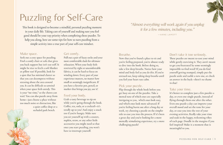 A page titled "Puzzling for Self-Care" in Schiffer Publishing, Ltd.'s MindfulMoments Word Search offers tips like making space, staying comfy, relaxing with puzzles, breathing deeply, picking the right puzzle, and taking your time—plus a quote from Anne Lamott.