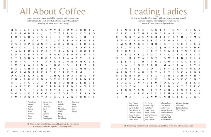 Schiffer Publishing, Ltd.'s MindfulMoments Word Search offers relaxing puzzles like All About Coffee and Leading Ladies, each with word lists and grids for an enjoyable escape.