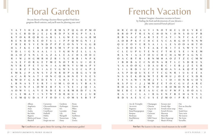 The MindfulMoments Word Search by Schiffer Publishing, Ltd. features two relaxing puzzles: Floral Garden with flower names and French Vacation with French destinations—perfect for a mindful escape at any age.