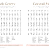 Enjoy two adjacent MindfulMoments Word Search puzzles—Book Genres and Cocktail Menu—from Schiffer Publishing, Ltd., each with a letter grid, word list, decorative headings, and fun facts above and below for a relaxing escape.
