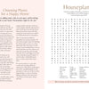 A magazine spread showcases MindfulMoments Word Search by Schiffer Publishing, Ltd., featuring houseplant tips, floral borders, and a plant-themed word search. The bright layout uses soothing pink and beige accents for a mindful escape.