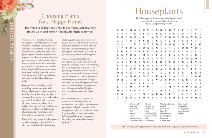 A magazine spread showcases MindfulMoments Word Search by Schiffer Publishing, Ltd., featuring houseplant tips, floral borders, and a plant-themed word search. The bright layout uses soothing pink and beige accents for a mindful escape.