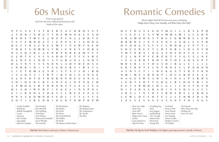 MindfulMoments Word Search by Schiffer Publishing, Ltd. features themed puzzles like 60s Music and Romantic Comedies, with colorful pastel headings and fun facts for a relaxing, mindful escape.