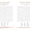 Enjoy a two-page spread from Schiffer Publishing, Ltd.'s MindfulMoments Word Search, featuring "Treat Yourself!" and "Winter Holidays" puzzles—each with themed word lists for a relaxing, mindful escape.