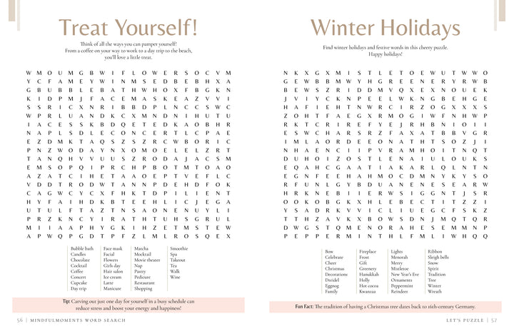 Enjoy a two-page spread from Schiffer Publishing, Ltd.'s MindfulMoments Word Search, featuring "Treat Yourself!" and "Winter Holidays" puzzles—each with themed word lists for a relaxing, mindful escape.