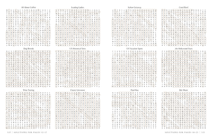 Enjoy a mindful escape with MindfulMoments Word Search by Schiffer Publishing, Ltd.—twelve unique word search puzzles like All About Coffee and Italian Getaway, each offering relaxing fun as you find circled words in every grid.