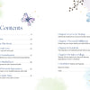 The "Realistic Self-Care for Moms" contents page by Schiffer Publishing, Ltd. features blue and purple watercolor flowers, leaves, and butterflies, with chapter titles and page numbers in two columns on a white, pastel-accented background.