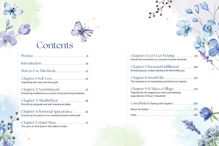 The "Realistic Self-Care for Moms" contents page by Schiffer Publishing, Ltd. features blue and purple watercolor flowers, leaves, and butterflies, with chapter titles and page numbers in two columns on a white, pastel-accented background.