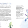 A pastel floral background frames a two-page spread titled "How to Use This Book" in Realistic Self-Care for Moms by Schiffer Publishing, Ltd., with gentle watercolor flowers and thoughtful text guiding busy moms in self-care.