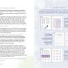 A two-page spread from Realistic Self-Care for Moms by Schiffer Publishing, Ltd. uses blue headings and book graphics on the left page, while the right page explains chapter parts with worksheet images and purple accents for busy moms.
