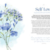 On the left, a watercolor illustration of blue wildflowers appears. On the right, text titled “Realistic Self-Care for Moms” by Schiffer Publishing, Ltd. offers a practical guide for busy mothers, with a script quote at the bottom.