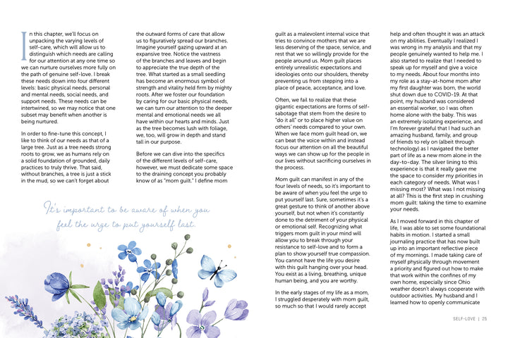 A magazine page from Schiffer Publishing, Ltd.'s "Realistic Self-Care for Moms" discusses emotions and boundaries for moms, featuring a watercolor of blue and purple wildflowers with butterflies at the bottom left corner.
