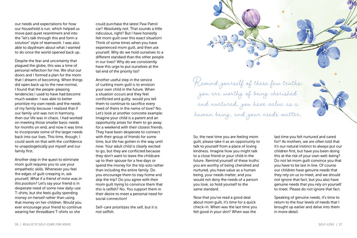 The magazine spread, "Realistic Self-Care for Moms" by Schiffer Publishing, Ltd., offers self-care tips for busy moms with a floral purple and blue border and an inspiring cursive quote: You are worthy of being cherished and nurtured.