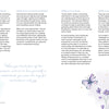 An open book, "Realistic Self-Care for Moms" by Schiffer Publishing, Ltd., displays four self-care levels for moms, with soft watercolor blue and purple flowers and green leaves, creating a beautiful, helpful guide for busy mothers.