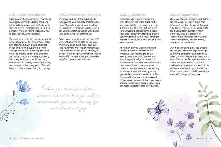 An open book, "Realistic Self-Care for Moms" by Schiffer Publishing, Ltd., displays four self-care levels for moms, with soft watercolor blue and purple flowers and green leaves, creating a beautiful, helpful guide for busy mothers.