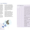 A magazine spread in *Realistic Self-Care for Moms* by Schiffer Publishing, Ltd. features a butterfly and blue flowers, a self-care guide for busy moms on the left, and a self-reflection checklist to rate on the right.