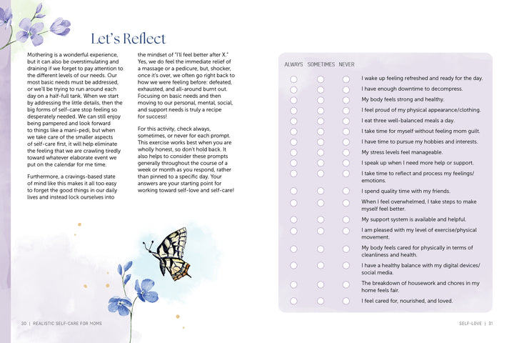 A magazine spread in *Realistic Self-Care for Moms* by Schiffer Publishing, Ltd. features a butterfly and blue flowers, a self-care guide for busy moms on the left, and a self-reflection checklist to rate on the right.