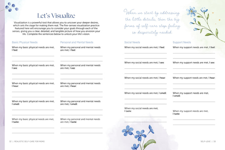 The “Realistic Self-Care for Moms” worksheet by Schiffer Publishing, Ltd. uses pastel colors and prompts to help busy moms identify physical, personal, mental, social, and support needs while practicing self-care.