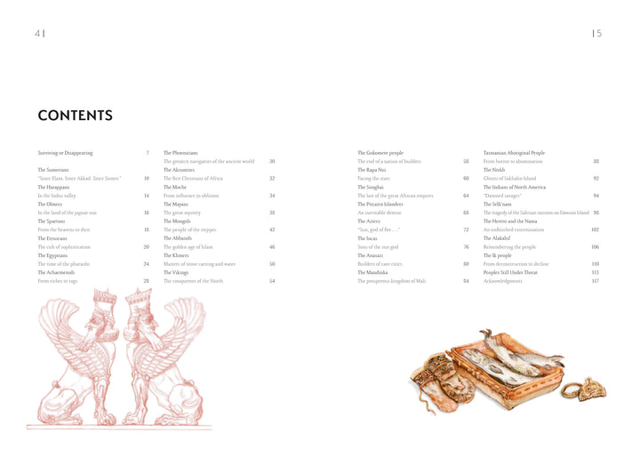 The contents page of Atlas of Lost Civilizations by Schiffer Publishing, Ltd. features red mythological figures on the left and an ornate artifact-filled box on the bottom right, highlighting ancient cultures and obscure civilizations.