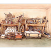 A detailed illustration of a room filled with old objects—plates, trunks, baskets, animal statues—evokes the organized clutter found in Schiffer Publishing, Ltd.'s Atlas of Lost Civilizations, showcasing relics from forgotten cultures.