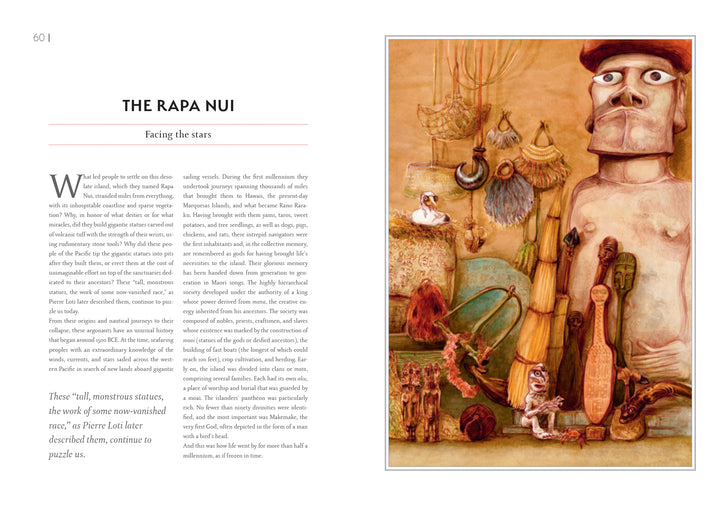A spread from "Atlas of Lost Civilizations" by Schiffer Publishing, Ltd. shows text on the left and an illustration of a Moai statue, traditional objects, and tools in warm earthy tones on the right.