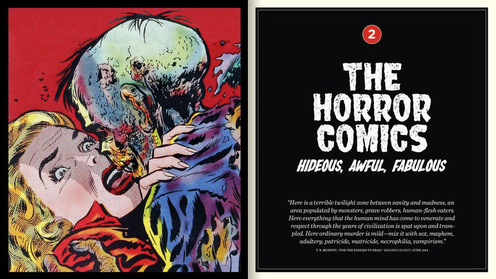 On the left, a vivid comic shows a decaying zombie biting a screaming woman's neck. On the right, bold text reads Comic Book Apocalypse! by Schiffer Publishing, Ltd.—celebrating the wild era of pre-Code comics before censorship began.