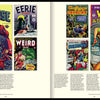 Two pages from Comic Book Apocalypse! by Schiffer Publishing, Ltd. showcase vivid pre-Code comics covers of superheroes and monsters—such as Suspense, Weird Adventures, and Eerie Comics—with descriptive text columns below.