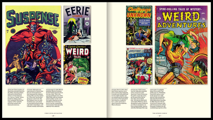 Two pages from Comic Book Apocalypse! by Schiffer Publishing, Ltd. showcase vivid pre-Code comics covers of superheroes and monsters—such as Suspense, Weird Adventures, and Eerie Comics—with descriptive text columns below.
