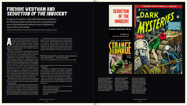 Comic Book Apocalypse! by Schiffer Publishing, Ltd. features a two-page spread on Fredric Wertham and comic book censorship, pairing text on the left with vintage pre-Code comics—Seduction of the Innocent, Strange, and Dark Mysteries—on the right.