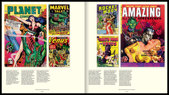 Comic Book Apocalypse! by Schiffer Publishing, Ltd. includes a vibrant two-page spread displaying vintage pre-Code comics and superhero covers like “Planet Comics,” “Marvel Tales,” and “Rocket to the Moon,” with informative captions about the pre-censorship era.