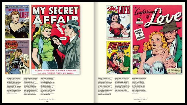A two-page spread from Schiffer Publishing, Ltd.'s Comic Book Apocalypse! showcases vintage pre-Code romance comic covers like My Secret Affair, Confessions of Love, and The Life, with dramatic retro couples in classic illustration style.