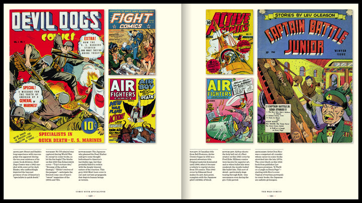 A two-page spread in Schiffer Publishing, Ltd.’s *Comic Book Apocalypse!* showcases vibrant, vintage WWII-era pre-Code comics covers with soldiers, pilots, and action scenes—including “Devil Dogs Comics” and “Air Fighters.”.