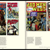 A spread from Comic Book Apocalypse! by Schiffer Publishing, Ltd. showcases vibrant vintage pre-Code Western comic covers—like Tommix Comics, Women Outlaws, Bad Men of the West, and Dead-Eye Western—with captions below each.