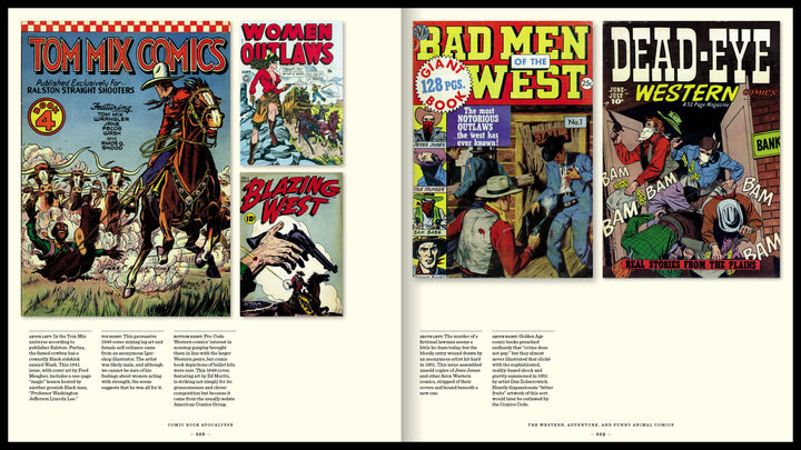 A spread from Comic Book Apocalypse! by Schiffer Publishing, Ltd. showcases vibrant vintage pre-Code Western comic covers—like Tommix Comics, Women Outlaws, Bad Men of the West, and Dead-Eye Western—with captions below each.