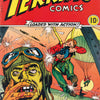 The cover of Schiffer Publishing, Ltd.'s "Comic Book Apocalypse!" depicts a vintage pre-Code scene: a startled pilot in goggles watches as a man parachutes from a burning plane, with explosions and action lines heightening the chaos before comic book censorship.