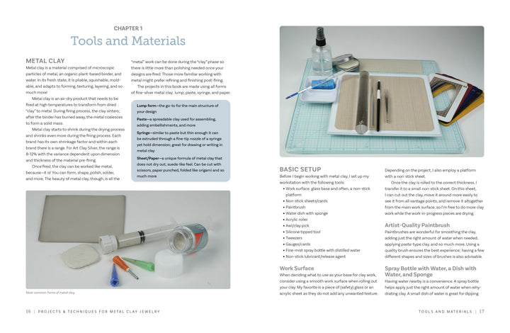 A two-page spread from Schiffer Publishing, Ltd.'s "Projects and Techniques for Metal Clay Jewelry" shows metal clay and tools on the left, and a work surface with jewelry-making supplies plus text on the right.