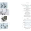 Four photos display handmade silver metal clay jewelry—leaf charms, a beaded necklace and earrings, a woven bead piece, and circular links—featured in "Projects and Techniques for Metal Clay Jewelry" by Schiffer Publishing. The right shows the book’s contents page.