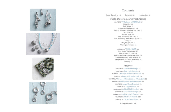 Four photos display handmade silver metal clay jewelry—leaf charms, a beaded necklace and earrings, a woven bead piece, and circular links—featured in "Projects and Techniques for Metal Clay Jewelry" by Schiffer Publishing. The right shows the book’s contents page.