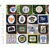 A vibrant table of contents from Monsters and Mayhem in Cross-Stitch (Schiffer Publishing, Ltd.) displays 21 fantasy cross-stitch pattern photos—mythical creatures, cryptids, and animals—in decorative frames or hoops above the chapter list.