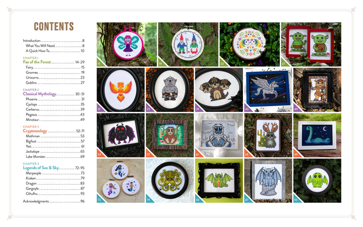 A vibrant table of contents from Monsters and Mayhem in Cross-Stitch (Schiffer Publishing, Ltd.) displays 21 fantasy cross-stitch pattern photos—mythical creatures, cryptids, and animals—in decorative frames or hoops above the chapter list.