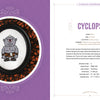 On the left, "Monsters and Mayhem in Cross-Stitch" by Schiffer Publishing, Ltd. features a framed cartoon cyclops; on the right, stats and fun facts about classical cyclops inspire fantasy cross-stitch patterns on a white page with decorative borders.