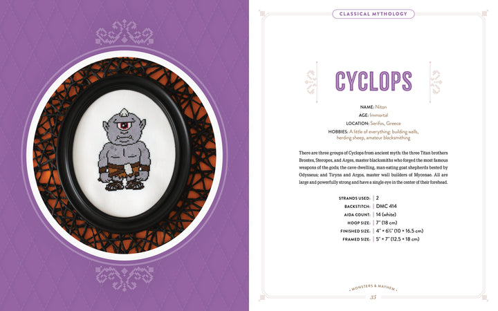 On the left, "Monsters and Mayhem in Cross-Stitch" by Schiffer Publishing, Ltd. features a framed cartoon cyclops; on the right, stats and fun facts about classical cyclops inspire fantasy cross-stitch patterns on a white page with decorative borders.