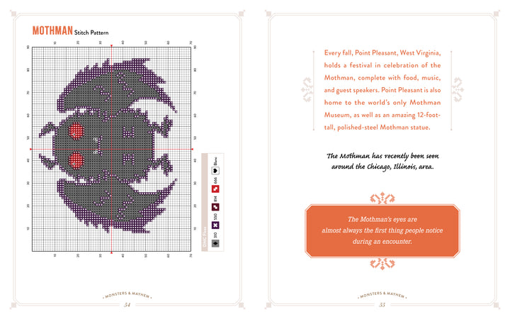 Monsters and Mayhem in Cross-Stitch" by Schiffer Publishing, Ltd. features a Mothman pattern with black and purple wings and includes facts plus a quote about his glowing red eyes on the opposite page.