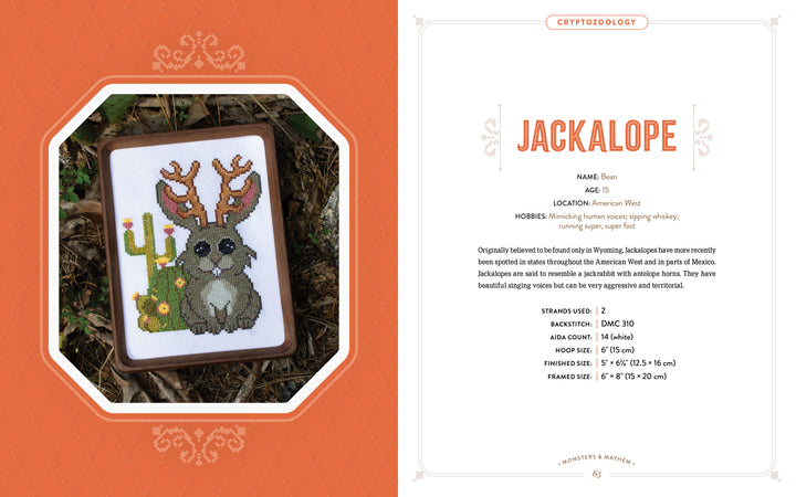 Monsters and Mayhem in Cross-Stitch by Schiffer Publishing, Ltd. features a cross-stitched jackalope with antlers beside a cactus, plus details on its name, age, hobbies—perfect inspiration for mythical creature cross-stitch fans.