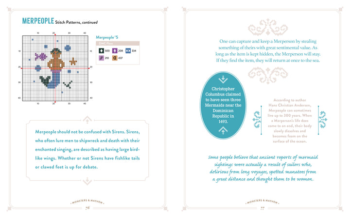 Monsters and Mayhem in Cross-Stitch by Schiffer Publishing, Ltd. features a merman fantasy pattern with a thread color guide, fun mythical creature facts in a blue bubble, decorative text, and light blue accents for an enchanting layout.