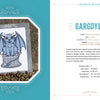 A cross-stitched blue gargoyle with wings sits on a column outdoors, inspired by fantasy and mythical beasts. Shown with character info from "Monsters and Mayhem in Cross-Stitch" by Schiffer Publishing, Ltd.