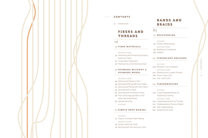 Fiber Craft Heritage by Schiffer Publishing, Ltd. features a table of contents—Fibers and Threads, Spinning Without a Spinning Wheel, Simple Rope Making, Bands and Braids—highlighting traditional textile techniques with a backdrop of curved lines.